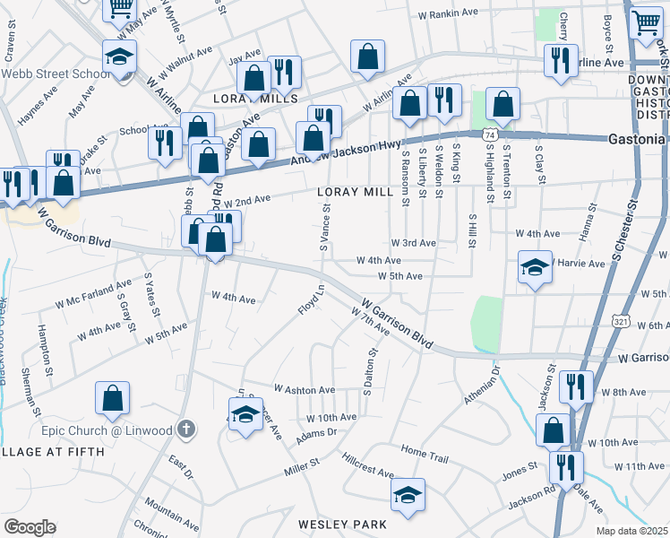 map of restaurants, bars, coffee shops, grocery stores, and more near 1120 West 4th Avenue in Gastonia