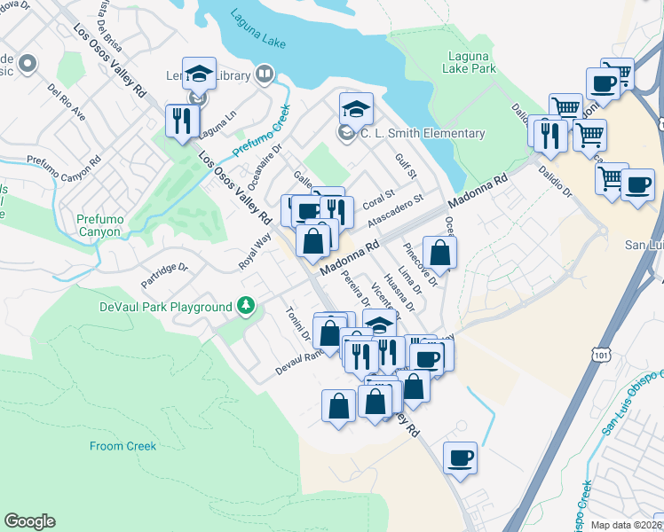 map of restaurants, bars, coffee shops, grocery stores, and more near 1366 Madonna Rd in San Luis Obispo