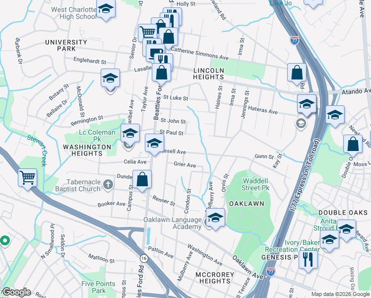 map of restaurants, bars, coffee shops, grocery stores, and more near 1936 Russell Avenue in Charlotte