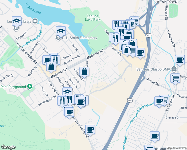 map of restaurants, bars, coffee shops, grocery stores, and more near 1752 Oceanaire Drive in San Luis Obispo