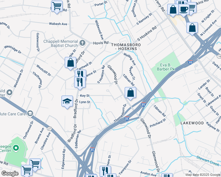 map of restaurants, bars, coffee shops, grocery stores, and more near 4337 Glenwood Drive in Charlotte