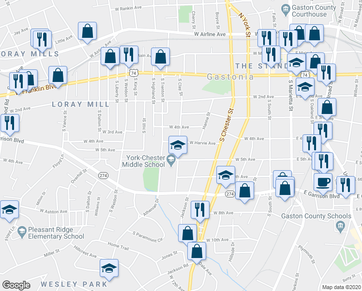 map of restaurants, bars, coffee shops, grocery stores, and more near 539 West Harvie Avenue in Gastonia