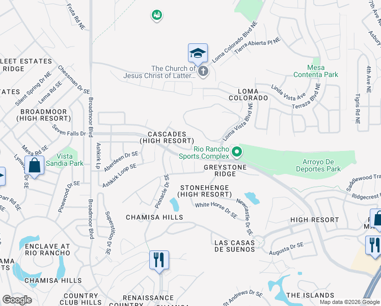 map of restaurants, bars, coffee shops, grocery stores, and more near 3236 Cascades Trail Southeast in Rio Rancho