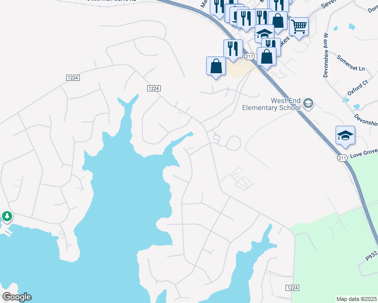 map of restaurants, bars, coffee shops, grocery stores, and more near 230 Otter Court in Seven Lakes