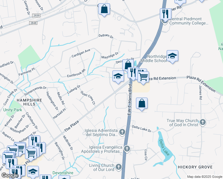 map of restaurants, bars, coffee shops, grocery stores, and more near 6023 Hunters Crossing Lane in Charlotte