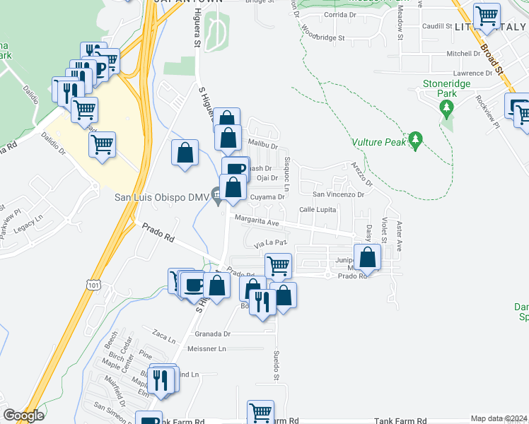 map of restaurants, bars, coffee shops, grocery stores, and more near 3135 Camellia Court in San Luis Obispo
