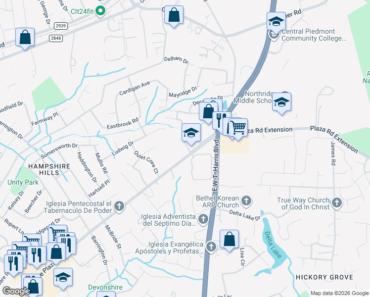 map of restaurants, bars, coffee shops, grocery stores, and more near 6023 Hunters Crossing Lane in Charlotte