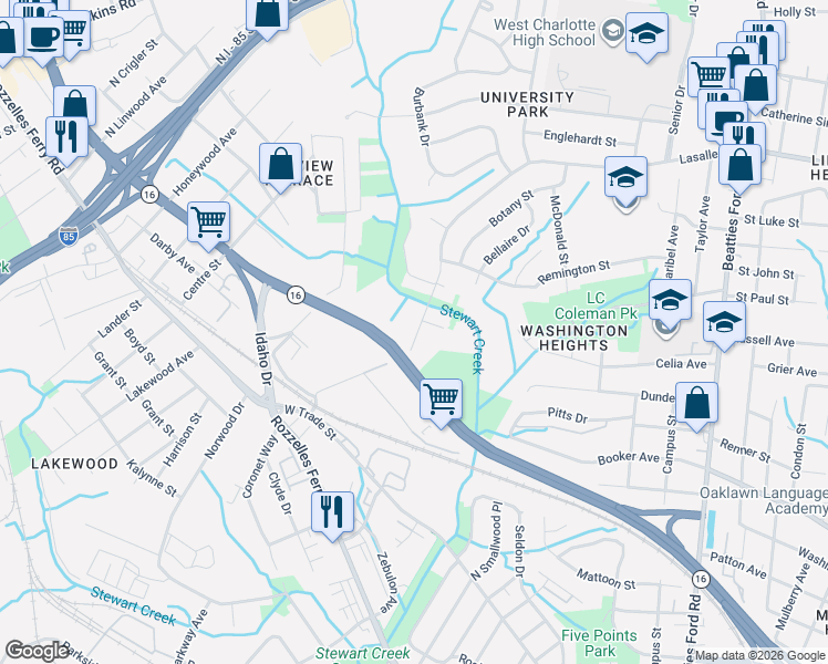 map of restaurants, bars, coffee shops, grocery stores, and more near 3208 Lasalle Street in Charlotte