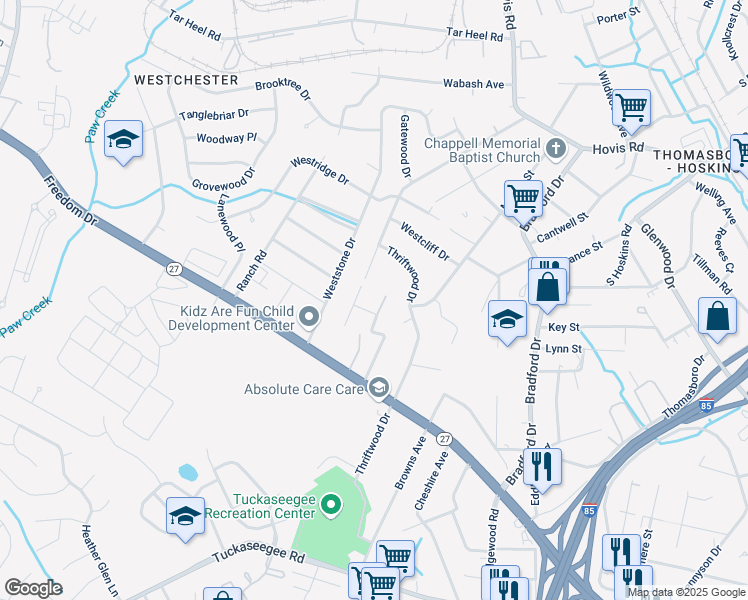 map of restaurants, bars, coffee shops, grocery stores, and more near 1425 Forsythia Circle in Charlotte