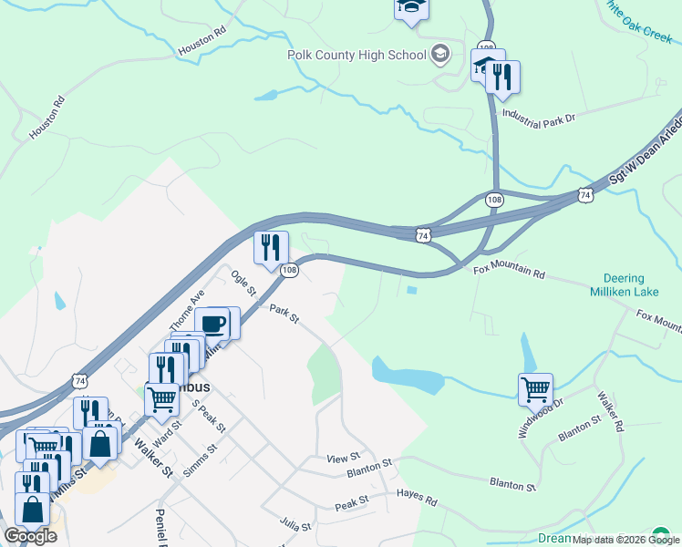 map of restaurants, bars, coffee shops, grocery stores, and more near 770 North Carolina 108 in Columbus