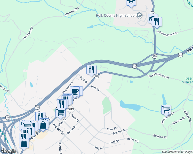 map of restaurants, bars, coffee shops, grocery stores, and more near 599 North Carolina 108 in Columbus
