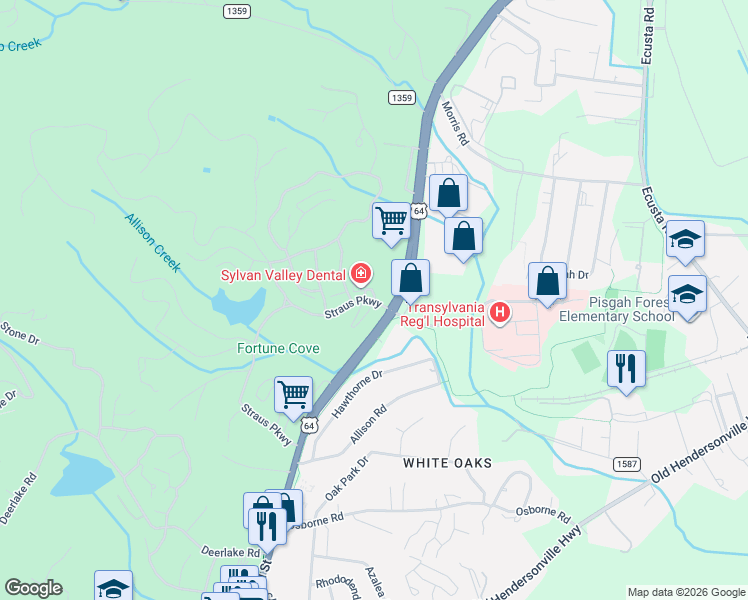 map of restaurants, bars, coffee shops, grocery stores, and more near 1140 Asheville Highway in Brevard