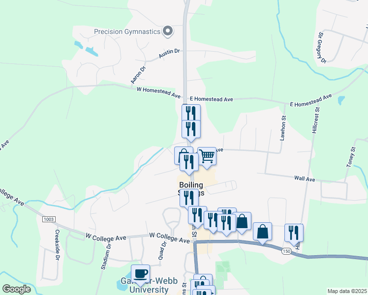 map of restaurants, bars, coffee shops, grocery stores, and more near 307 State Road 1161 in Shelby