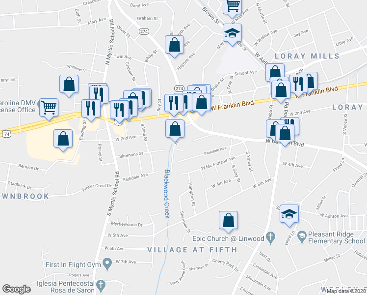 map of restaurants, bars, coffee shops, grocery stores, and more near 1836 Adams Avenue in Gastonia