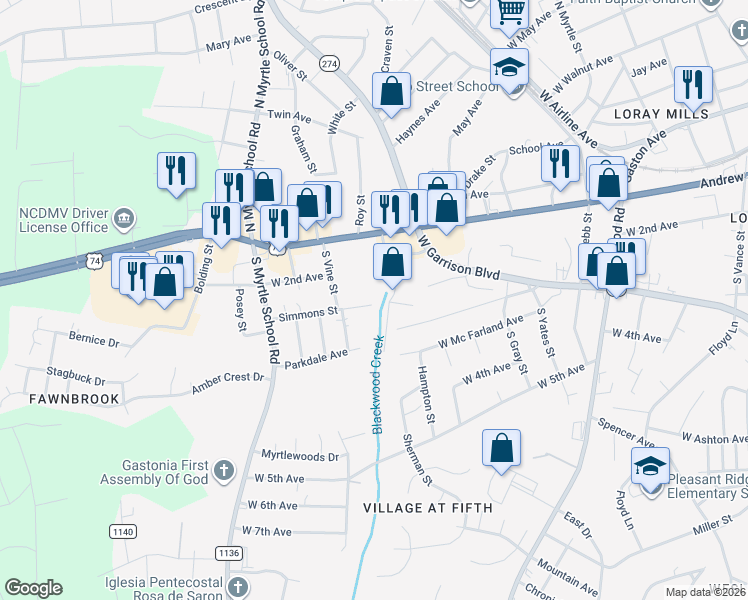 map of restaurants, bars, coffee shops, grocery stores, and more near 2010 Simmons Street in Gastonia