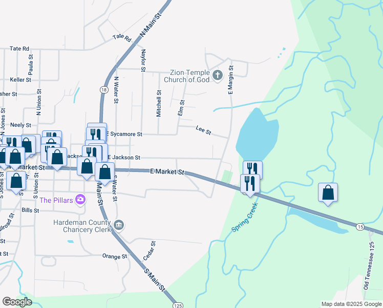 map of restaurants, bars, coffee shops, grocery stores, and more near 629 East Jackson Street in Bolivar