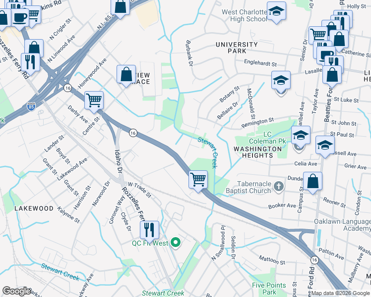 map of restaurants, bars, coffee shops, grocery stores, and more near 3208 Lasalle Street in Charlotte