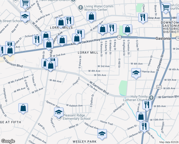 map of restaurants, bars, coffee shops, grocery stores, and more near 1120 West 4th Avenue in Gastonia