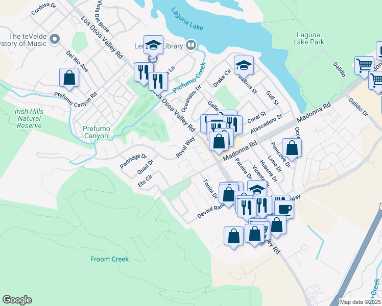 map of restaurants, bars, coffee shops, grocery stores, and more near 1533 El Tigre Court in San Luis Obispo