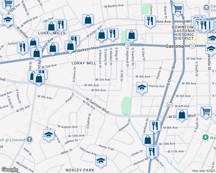 map of restaurants, bars, coffee shops, grocery stores, and more near 426 South Weldon Street in Gastonia