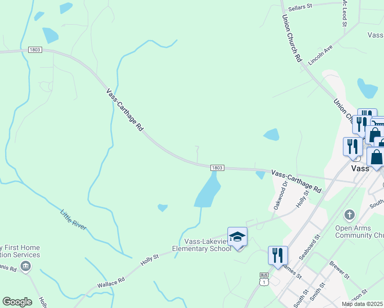map of restaurants, bars, coffee shops, grocery stores, and more near 270 Vass-Carthage Road in Vass