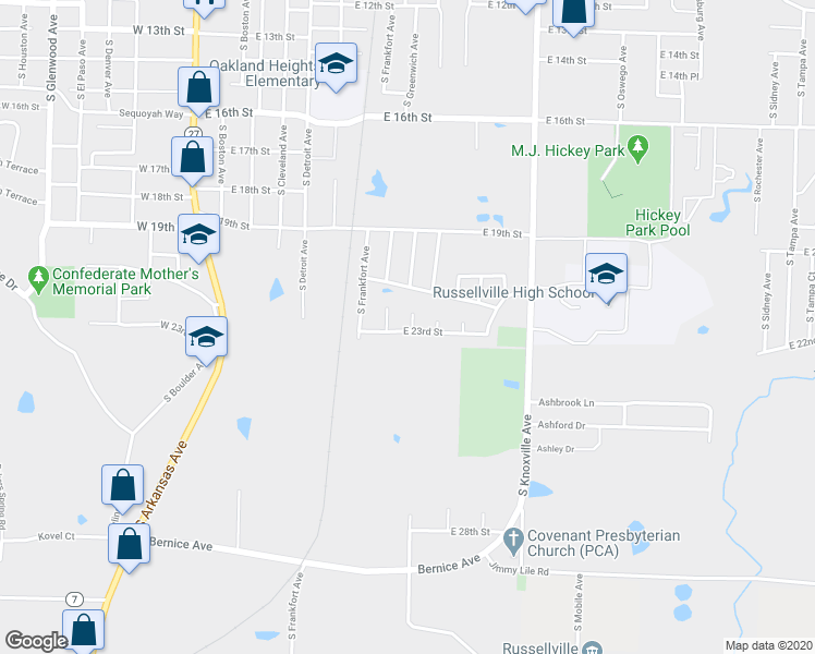 map of restaurants, bars, coffee shops, grocery stores, and more near 2203 South Hartford Cove in Russellville