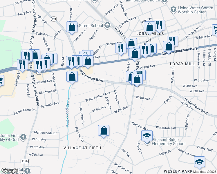 map of restaurants, bars, coffee shops, grocery stores, and more near 306 South Gray Street in Gastonia