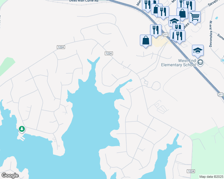 map of restaurants, bars, coffee shops, grocery stores, and more near 119 Owens Circle in Seven Lakes