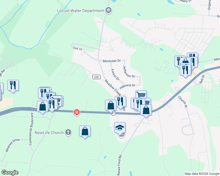 map of restaurants, bars, coffee shops, grocery stores, and more near 317 Meadow Creek Church Road in Locust