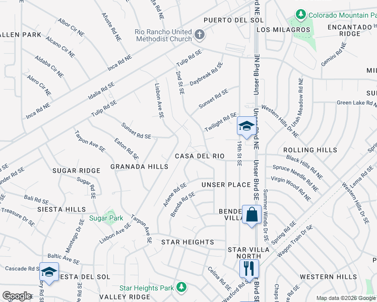 map of restaurants, bars, coffee shops, grocery stores, and more near 65 Darlene Road Southeast in Rio Rancho