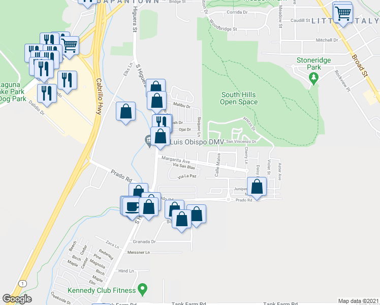 map of restaurants, bars, coffee shops, grocery stores, and more near 3135 Camellia Court in San Luis Obispo