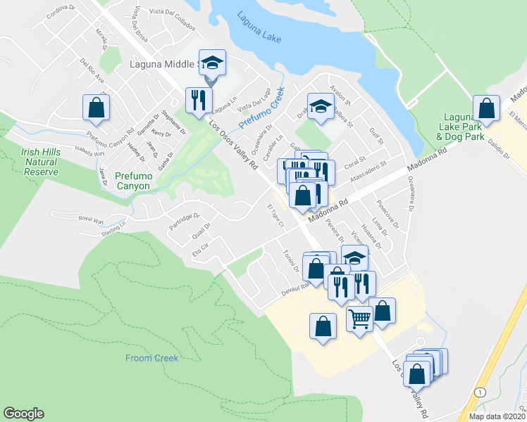 map of restaurants, bars, coffee shops, grocery stores, and more near 1533 El Tigre Court in San Luis Obispo