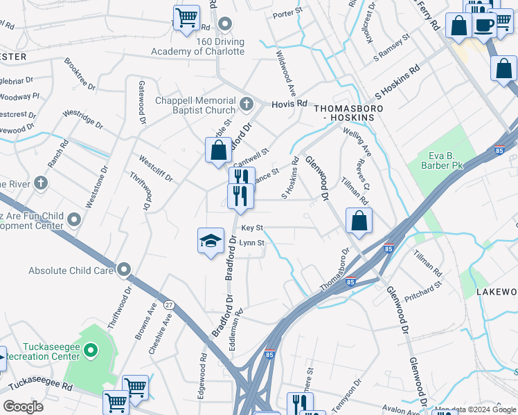 map of restaurants, bars, coffee shops, grocery stores, and more near 945 Rowan Street in Charlotte