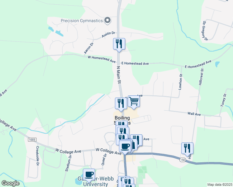 map of restaurants, bars, coffee shops, grocery stores, and more near 307 State Road 1161 in Shelby