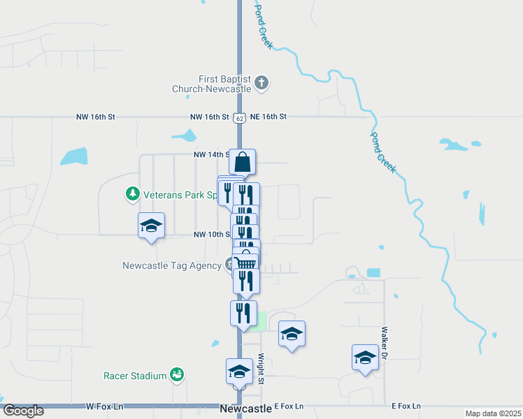 map of restaurants, bars, coffee shops, grocery stores, and more near 1095 Linda Lane in Newcastle