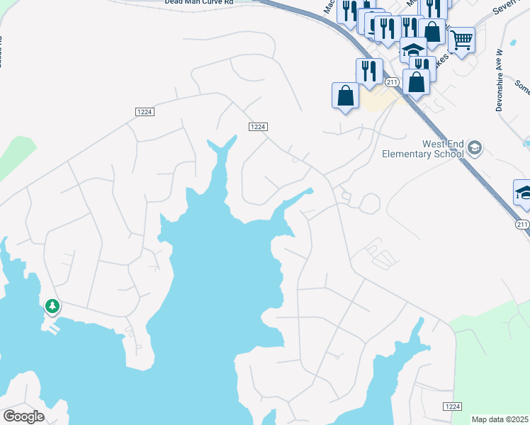 map of restaurants, bars, coffee shops, grocery stores, and more near 119 Owens Circle in Seven Lakes