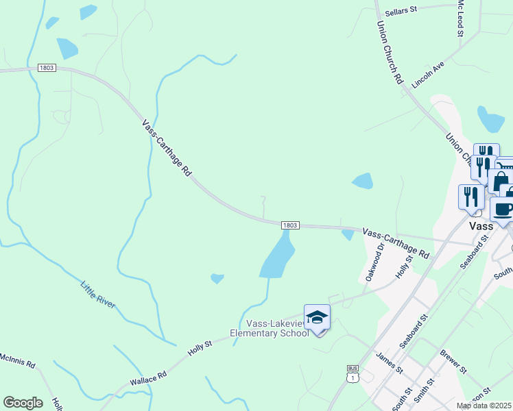 map of restaurants, bars, coffee shops, grocery stores, and more near 270 Vass-Carthage Road in Vass