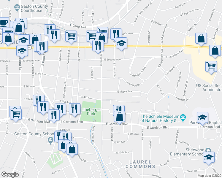 map of restaurants, bars, coffee shops, grocery stores, and more near 914 East Maple Avenue in Gastonia