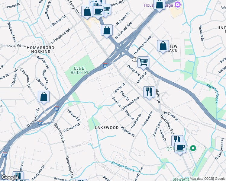 map of restaurants, bars, coffee shops, grocery stores, and more near 220 Lander St in Charlotte