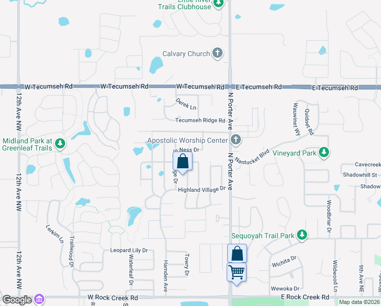 map of restaurants, bars, coffee shops, grocery stores, and more near 216 Ness Drive in Norman