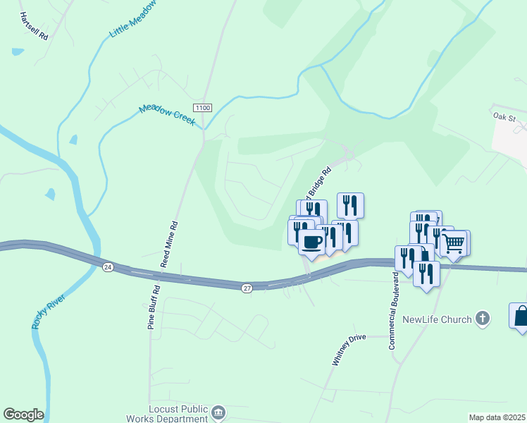 map of restaurants, bars, coffee shops, grocery stores, and more near 6994 Collinwood Lane in Locust