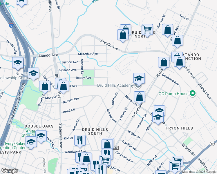map of restaurants, bars, coffee shops, grocery stores, and more near 1231 Norris Avenue in Charlotte