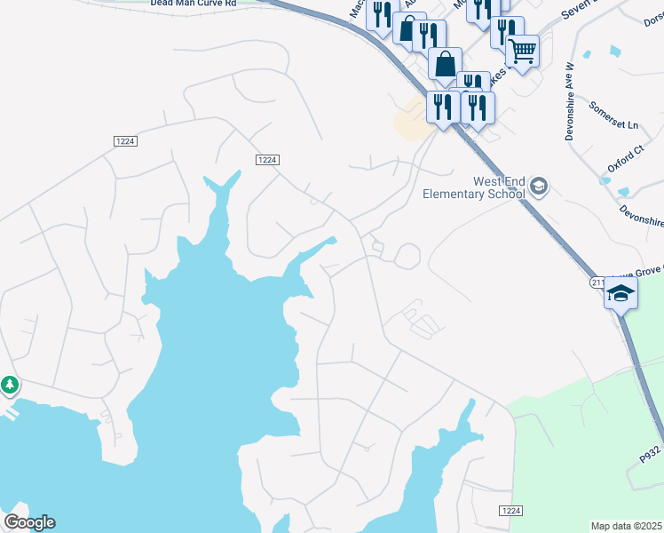 map of restaurants, bars, coffee shops, grocery stores, and more near Otter Drive in Seven Lakes