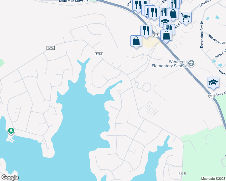 map of restaurants, bars, coffee shops, grocery stores, and more near 225 Otter Court in West End