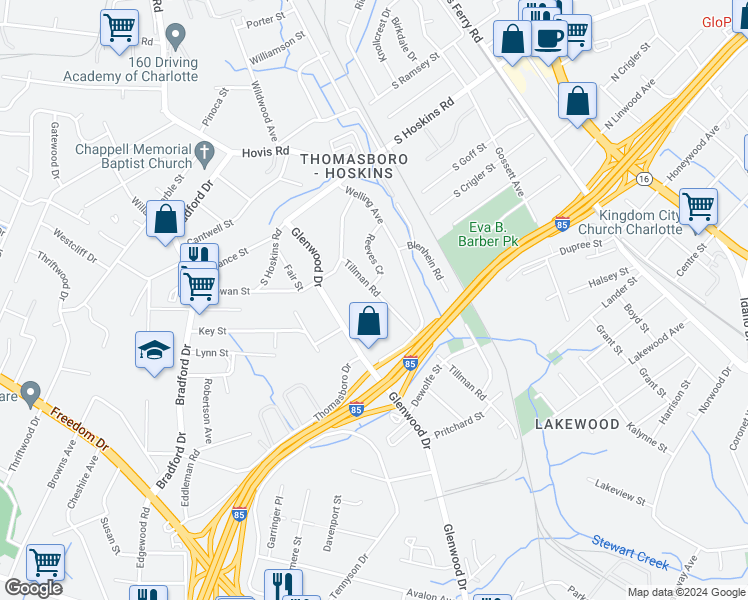 map of restaurants, bars, coffee shops, grocery stores, and more near 4151 Tillman Road in Charlotte