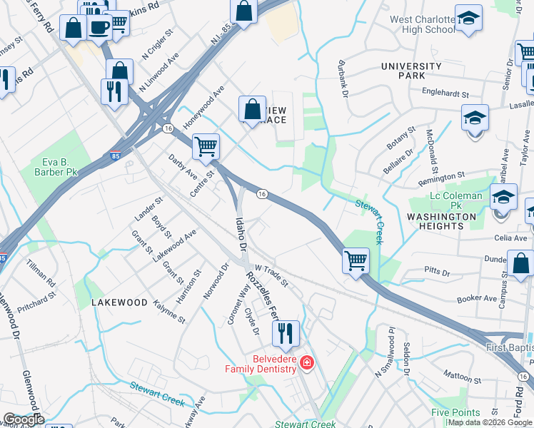 map of restaurants, bars, coffee shops, grocery stores, and more near 201-297 Pennsylvania Avenue in Charlotte