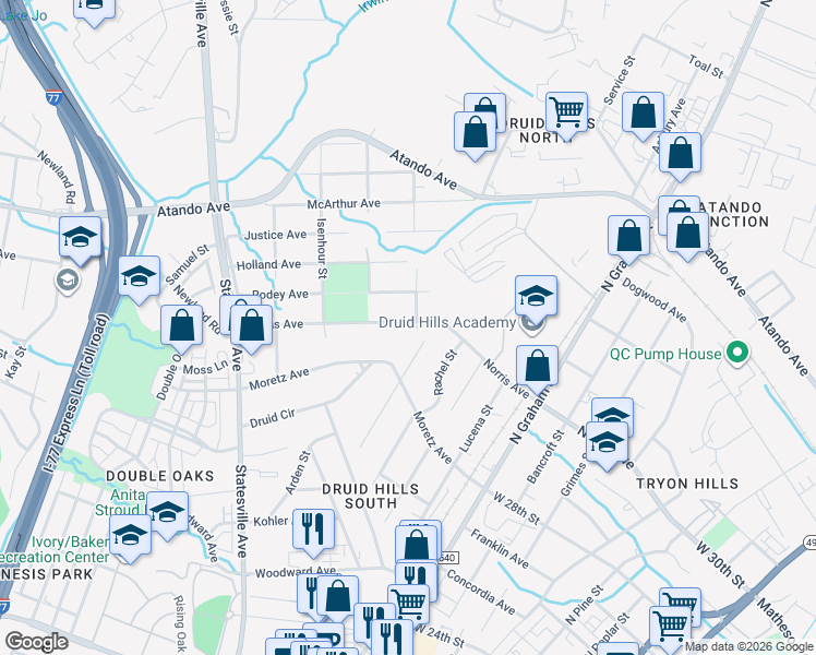 map of restaurants, bars, coffee shops, grocery stores, and more near 1231 Norris Avenue in Charlotte