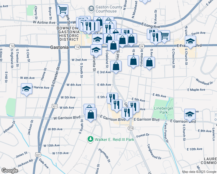map of restaurants, bars, coffee shops, grocery stores, and more near 201 East 4th Avenue in Gastonia