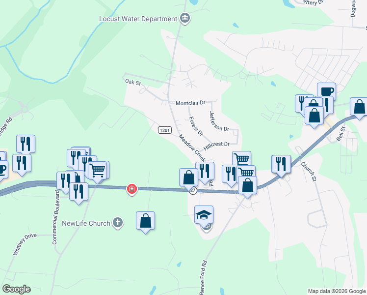 map of restaurants, bars, coffee shops, grocery stores, and more near 317 Meadow Creek Church Road in Locust