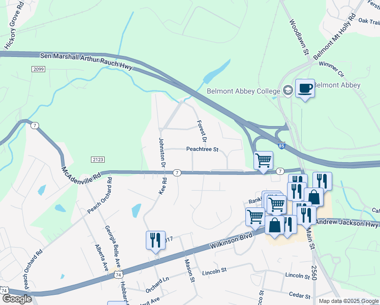 map of restaurants, bars, coffee shops, grocery stores, and more near 201 Peachtree Street in Belmont